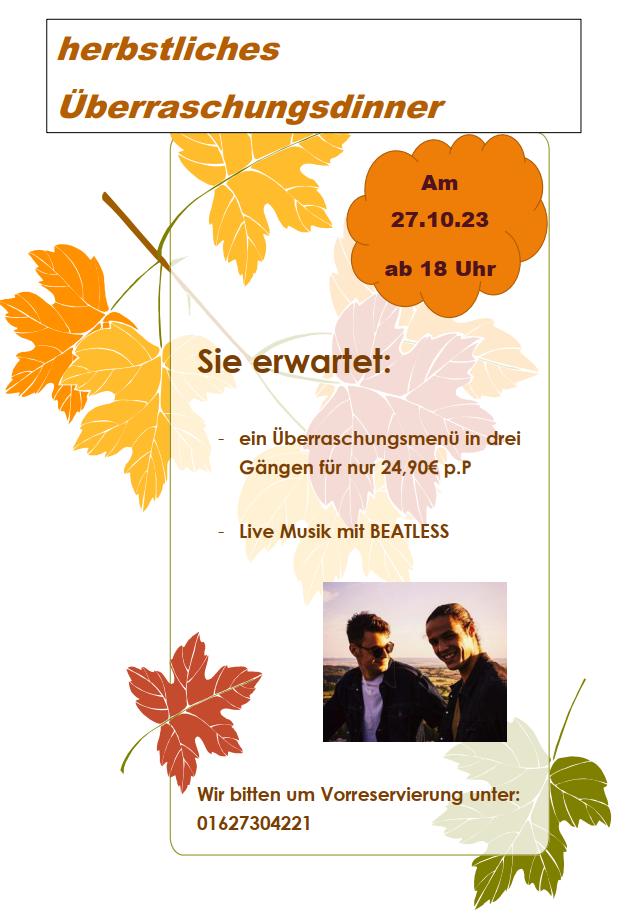 Flyer Überraschungsdinner mit Musik von Beatless